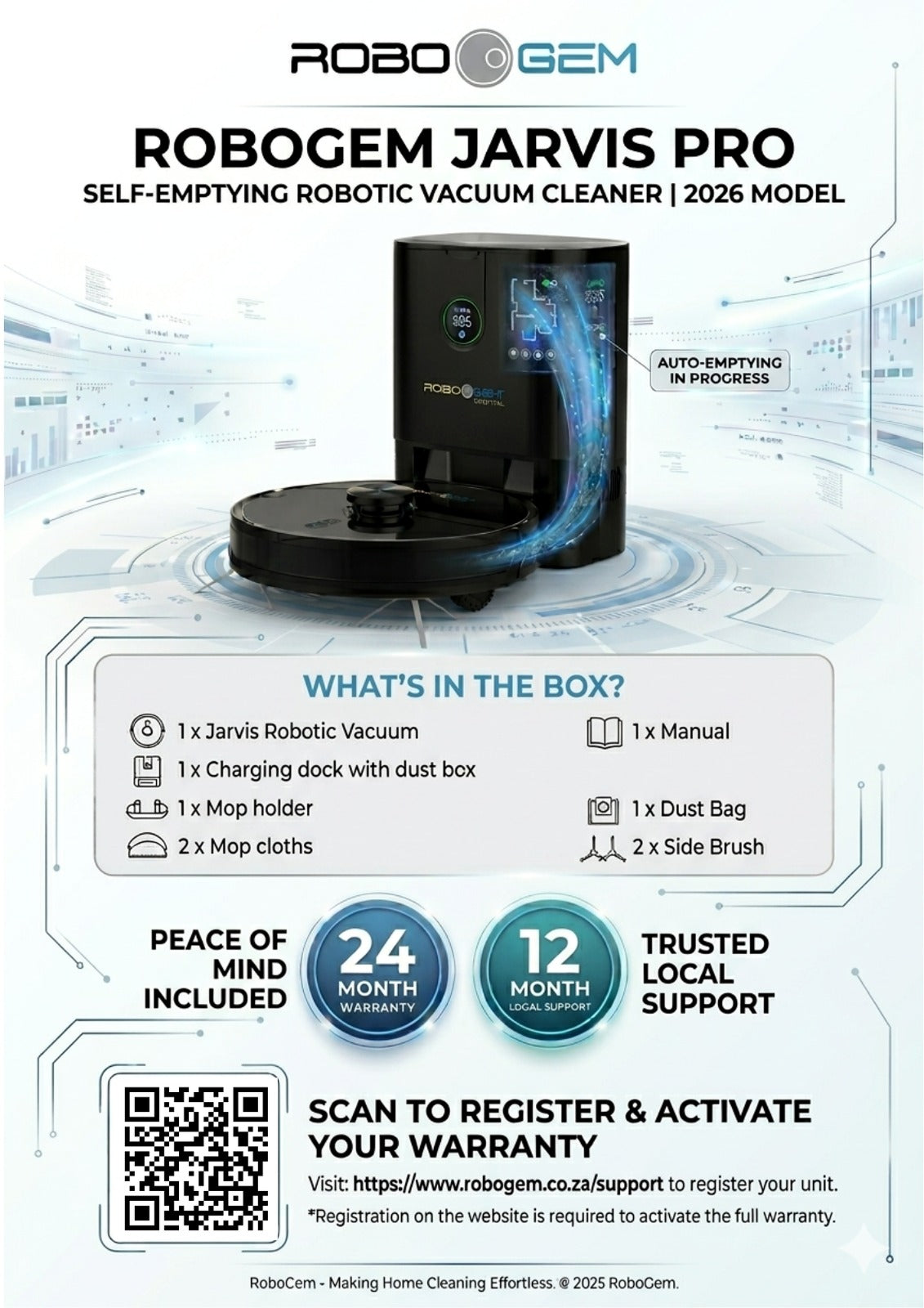 RoboGem Jarvis Pro Self Emptying Robotic Vacuum Cleaner & Mop- 2026 Model - New Release