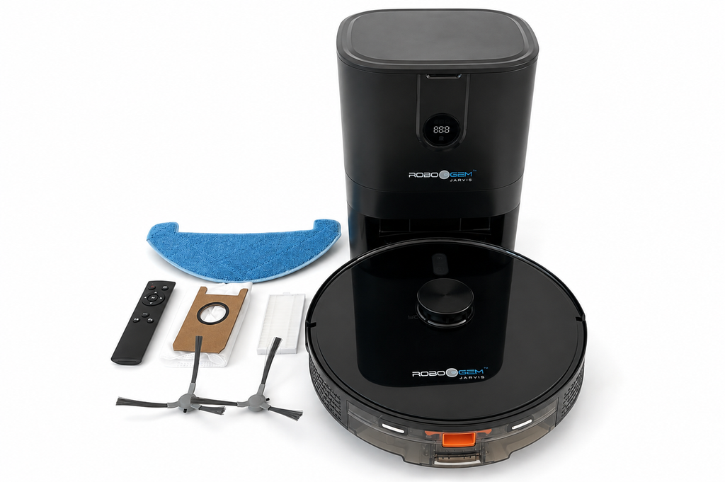Reconditioned RoboGem Jarvis robotic vacuum with self-empty dock and all included accessories: mop pad, remote, dust bags, HEPA filter and side brushes