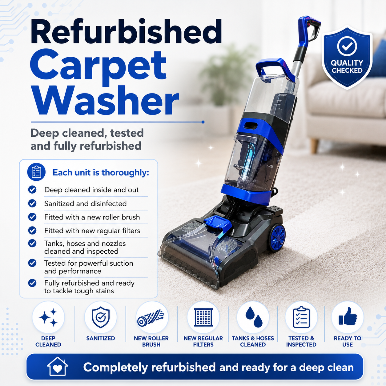Refurbished RoboGem Pro Max MultiClean carpet washer - deep cleaned, sanitized, fitted with new roller brush and filters, tested and fully refurbished