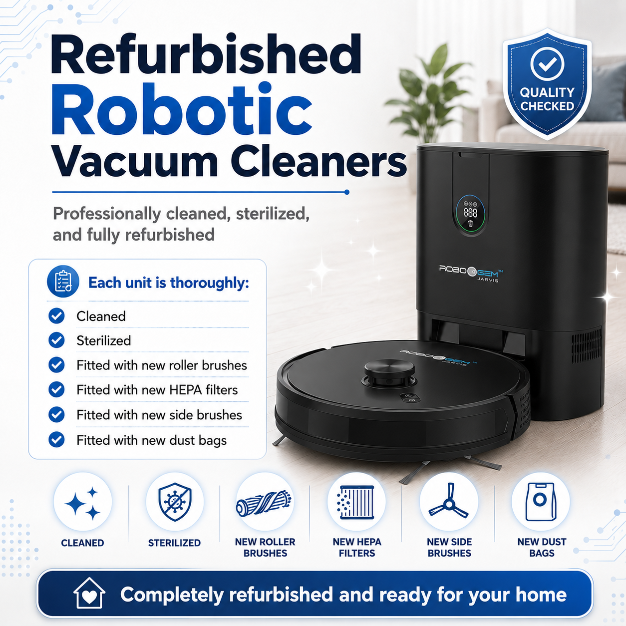 Refurbished RoboGem Jarvis robotic vacuum cleaner - professionally cleaned, sterilized and fully refurbished with new roller brushes, HEPA filters, side brushes and dust bags