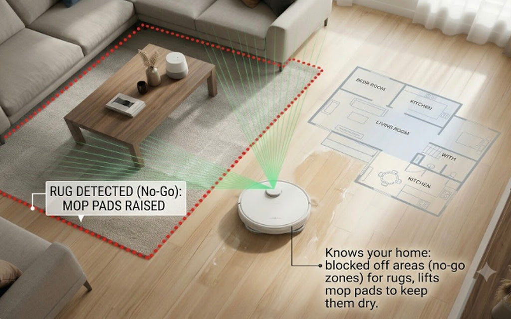 RoboGem Hydro Mop no-go zones - lifts mop pads on rugs