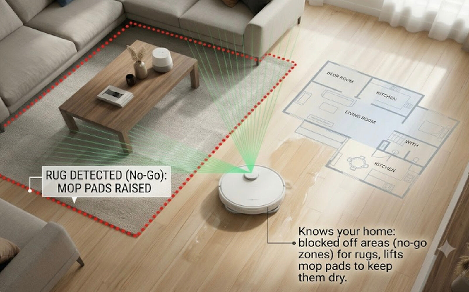 RoboGem Hydro Mop no-go zones - lifts mop pads on rugs